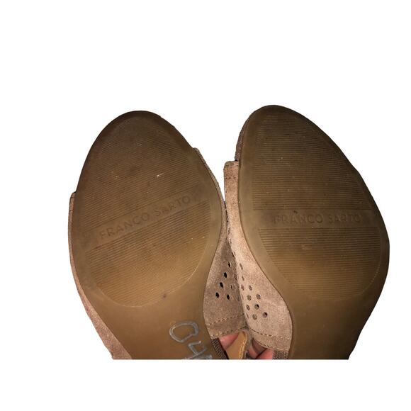 Franco Sarto Suede Leather‎ Wedge Sandals Perforated Taupe Ankle Strap - Picture 4 of 8